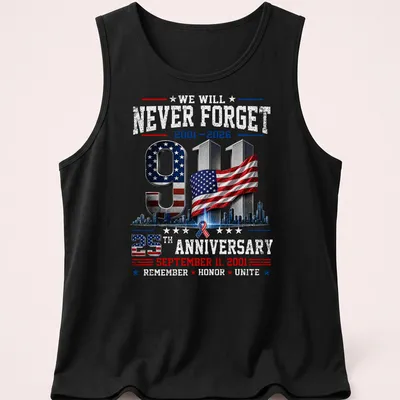 3D graphic of USA flag and Twin Towers with anniversary text — printed on a tank top