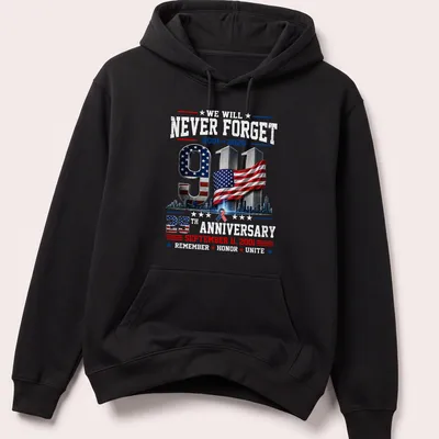 3D graphic of USA flag and Twin Towers with anniversary text — printed on a unisex hoodie