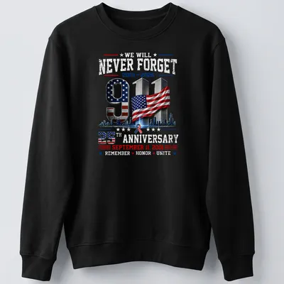 3D graphic of USA flag and Twin Towers with anniversary text — printed on a unisex sweatshirt