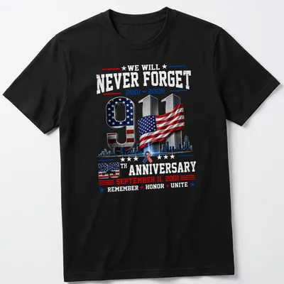 3D graphic of USA flag and Twin Towers with anniversary text — printed on a unisex t-shirt