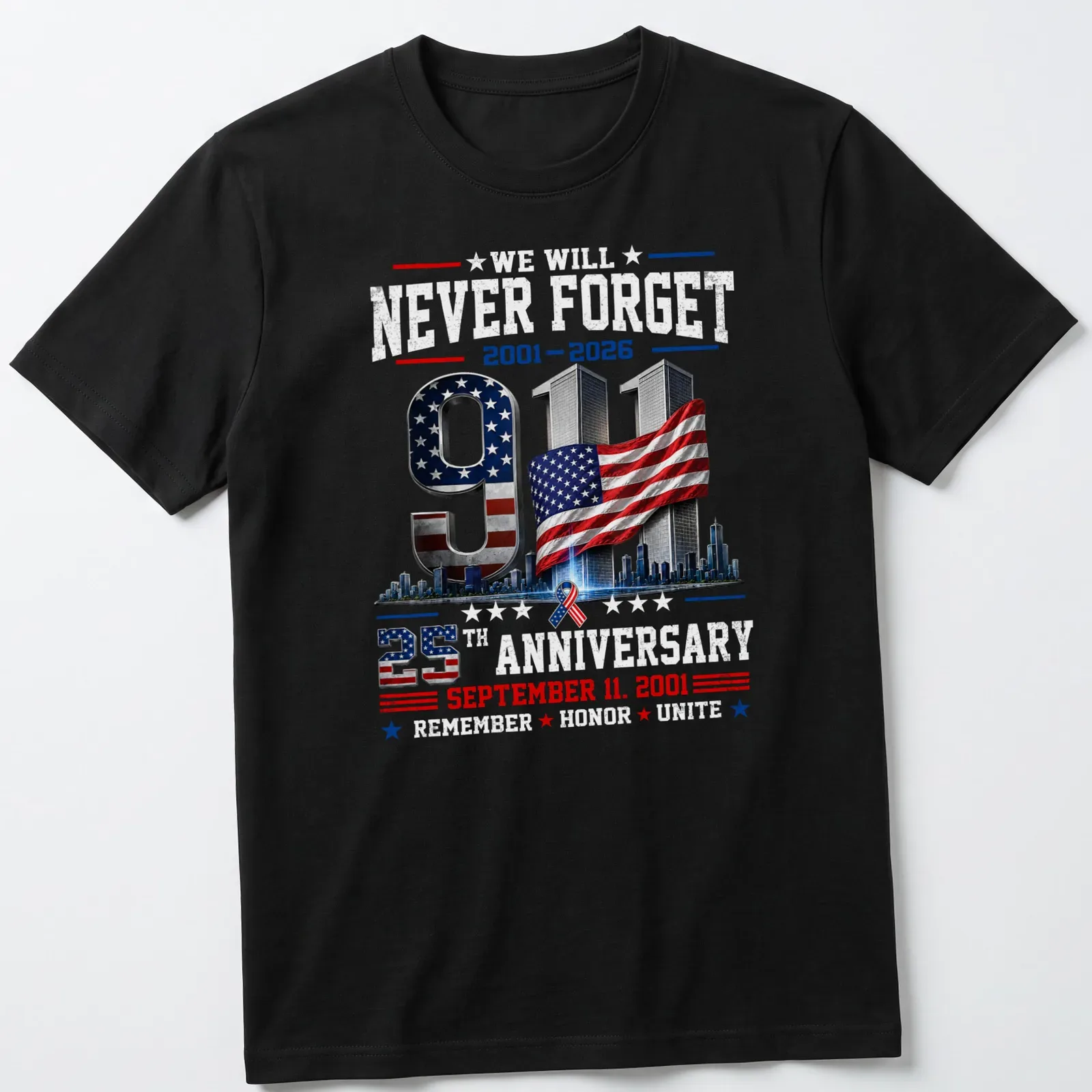 3D graphic of USA flag and Twin Towers with anniversary text — printed on a unisex t-shirt