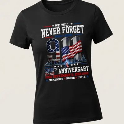 3D graphic of USA flag and Twin Towers with anniversary text — printed on a women's shirt