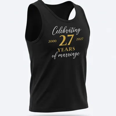 Elegant anniversary t-shirt celebrating 27 years of marriage in gold and white — printed on a tank top