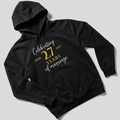 Elegant anniversary t-shirt celebrating 27 years of marriage in gold and white — printed on a unisex hoodie