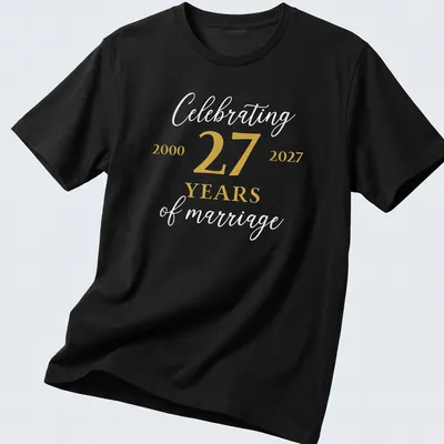 Elegant anniversary t-shirt celebrating 27 years of marriage in gold and white — printed on a unisex t-shirt