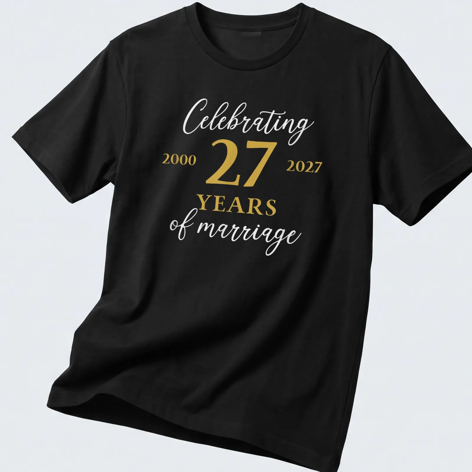 Elegant anniversary t-shirt celebrating 27 years of marriage in gold and white — printed on a unisex t-shirt