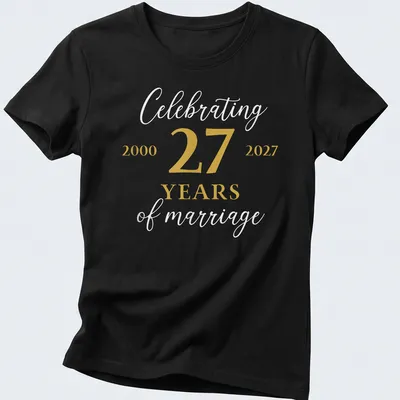Elegant anniversary t-shirt celebrating 27 years of marriage in gold and white — printed on a women's shirt