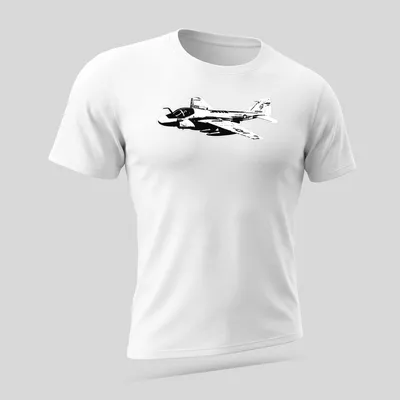 Vintage black and white print of an A-6 Intruder military aircraft — printed on a unisex t-shirt (angled view)