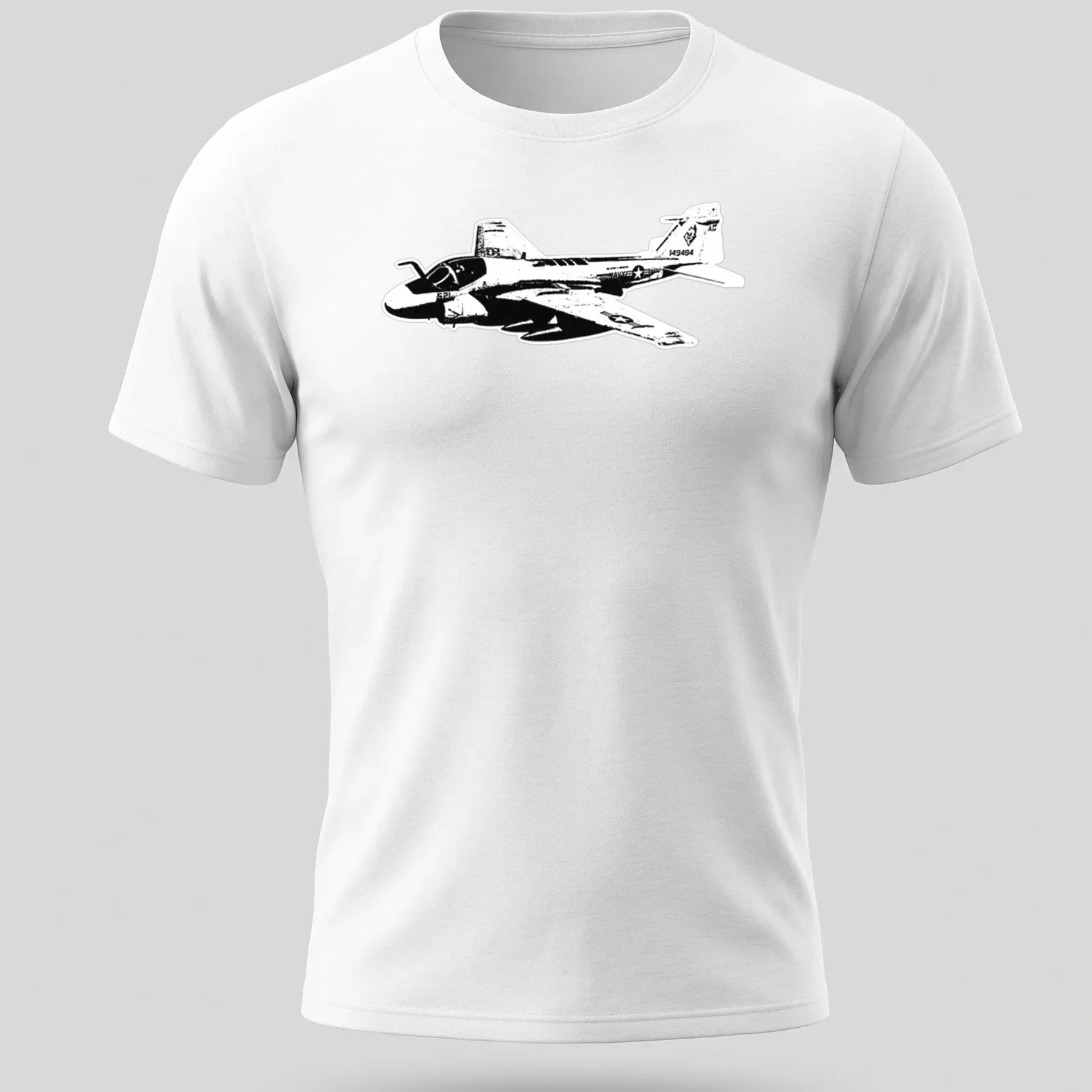 Vintage black and white print of an A-6 Intruder military aircraft — printed on a unisex t-shirt