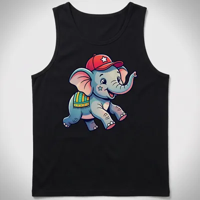 Cartoon baby elephant design in playful colors on — printed on a tank top