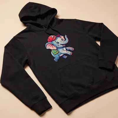 Cartoon baby elephant design in playful colors on — printed on a unisex hoodie
