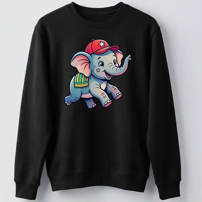 Cartoon baby elephant design in playful colors on — printed on a unisex sweatshirt