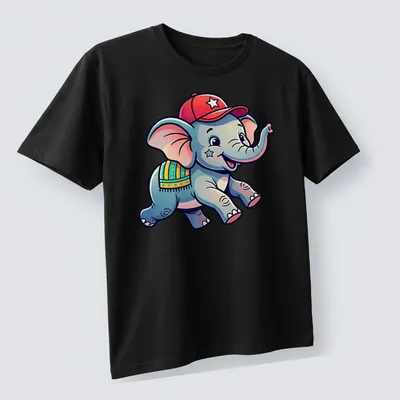 Cartoon baby elephant design in playful colors on — printed on a unisex t-shirt (angled view)