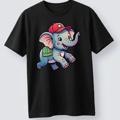 Cartoon baby elephant design in playful colors on — printed on a unisex t-shirt