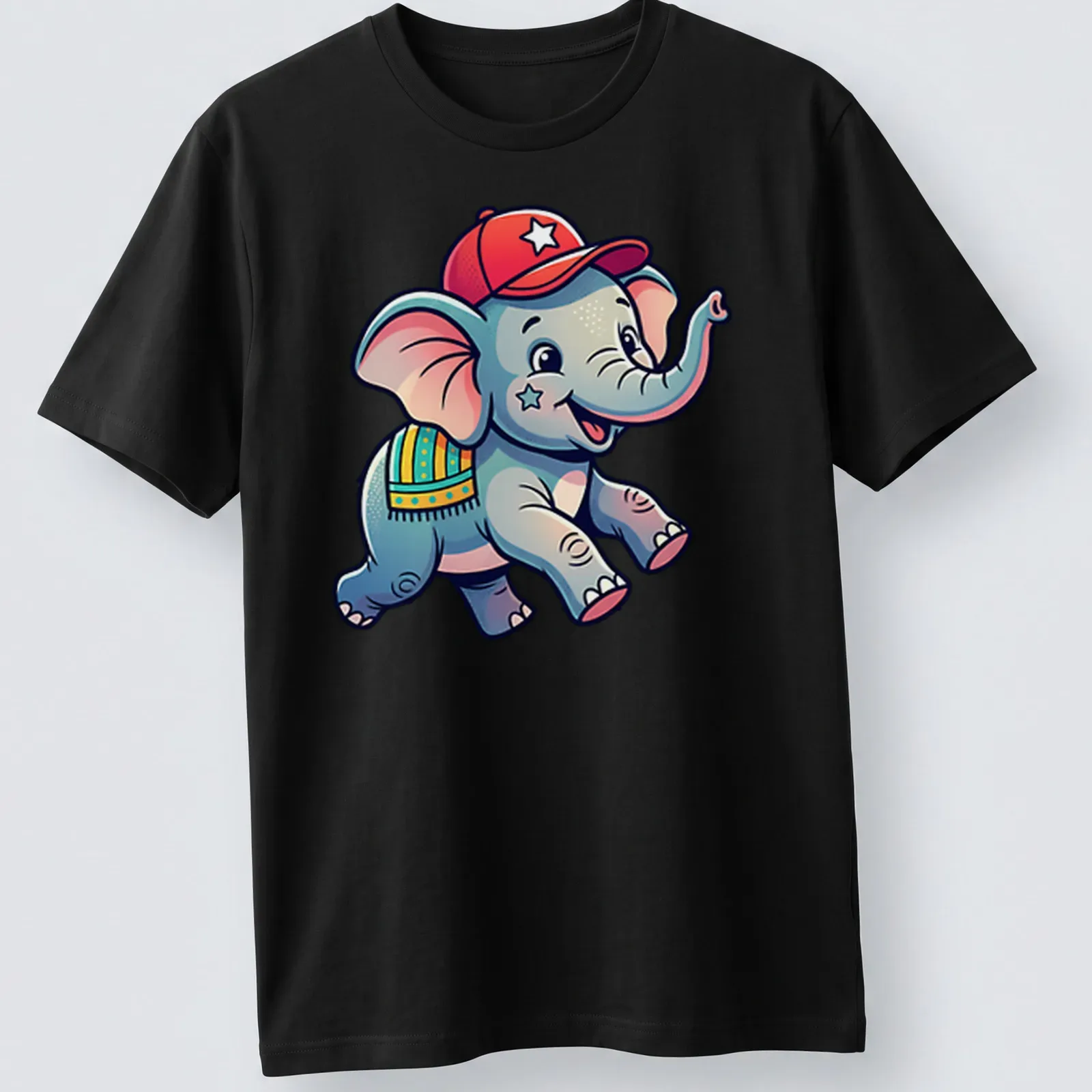 Cartoon baby elephant design in playful colors on — printed on a unisex t-shirt