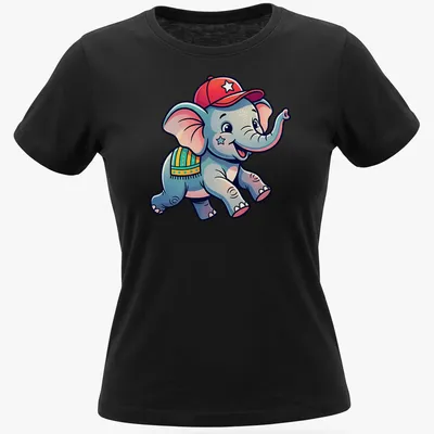 Cartoon baby elephant design in playful colors on — printed on a women's shirt