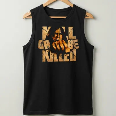 Bold distressed t-shirt with 'KILL OR BE KILLED' text and aggressive hand gesture — printed on a tank top