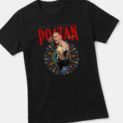 Bold graphic of Alex Pereira in a fighting stance with colorful text. — printed on a women's shirt