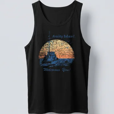 Retro distressed t-shirt featuring a vintage fishing boat and welcoming text — printed on a tank top