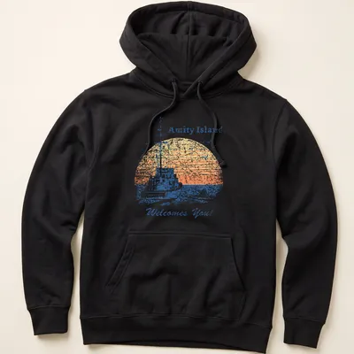Retro distressed t-shirt featuring a vintage fishing boat and welcoming text — printed on a unisex hoodie