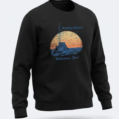 Retro distressed t-shirt featuring a vintage fishing boat and welcoming text — printed on a unisex sweatshirt