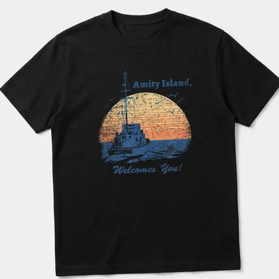 Retro distressed t-shirt featuring a vintage fishing boat and welcoming text