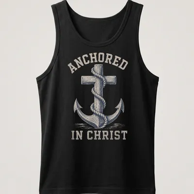 Vintage distressed Anchor In Christ t-shirt with anchor and cross design — printed on a tank top