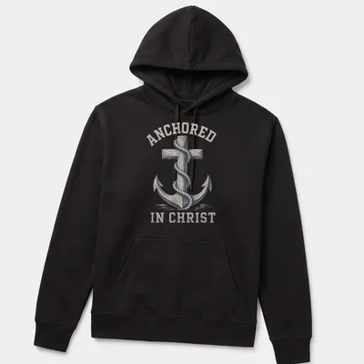 Vintage distressed Anchor In Christ t-shirt with anchor and cross design — printed on a unisex hoodie