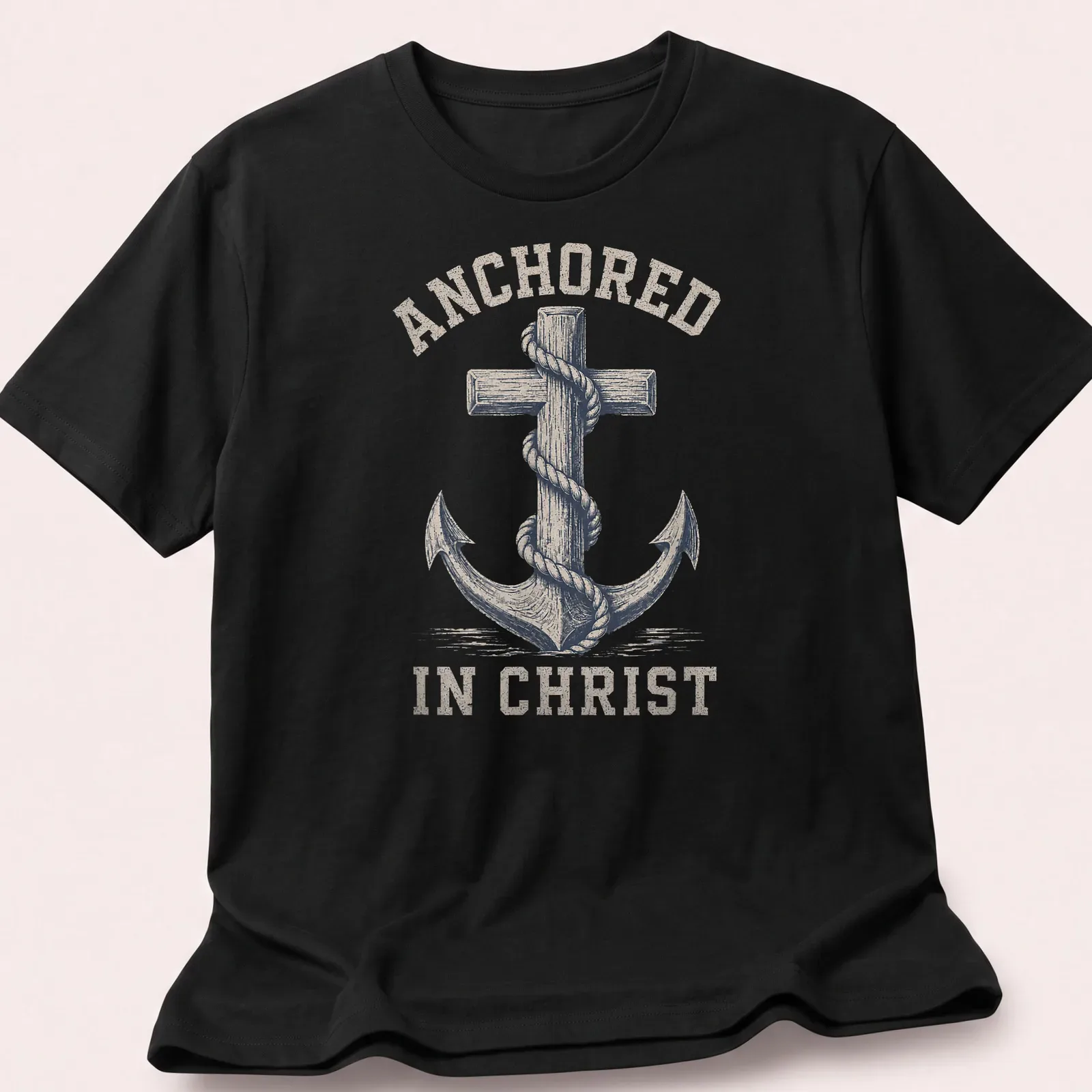 Vintage distressed Anchor In Christ t-shirt with anchor and cross design — printed on a unisex t-shirt