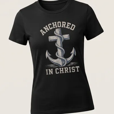 Vintage distressed Anchor In Christ t-shirt with anchor and cross design — printed on a women's shirt