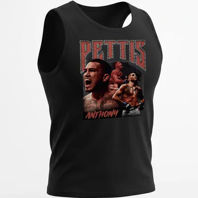 Vintage print of UFC fighter Anthony Pettis with bold text in red and black — printed on a tank top