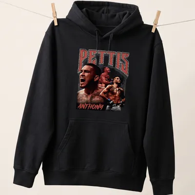 Vintage print of UFC fighter Anthony Pettis with bold text in red and black — printed on a unisex hoodie