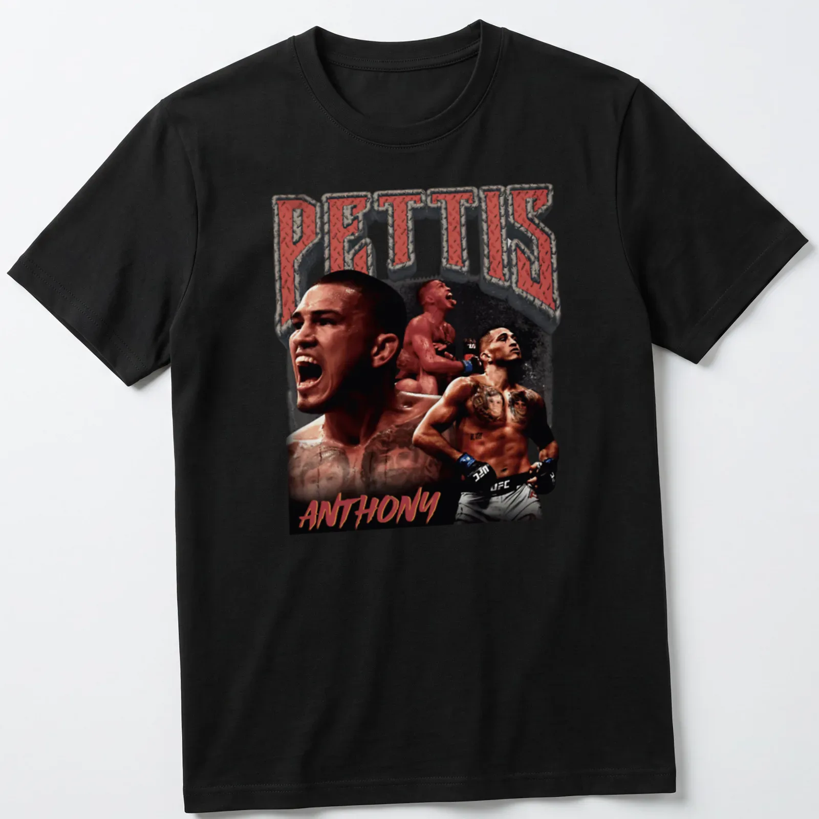 Vintage print of UFC fighter Anthony Pettis with bold text in red and black — printed on a unisex t-shirt