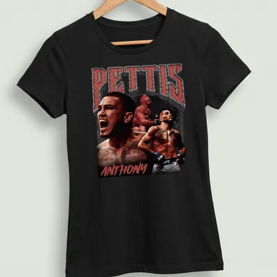 Vintage print of UFC fighter Anthony Pettis with bold text in red and black — printed on a women's shirt