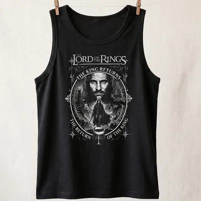 Bold typography T-shirt featuring Aragorn with black and white graphic design — printed on a tank top
