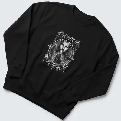 Bold typography T-shirt featuring Aragorn with black and white graphic design — printed on a unisex sweatshirt