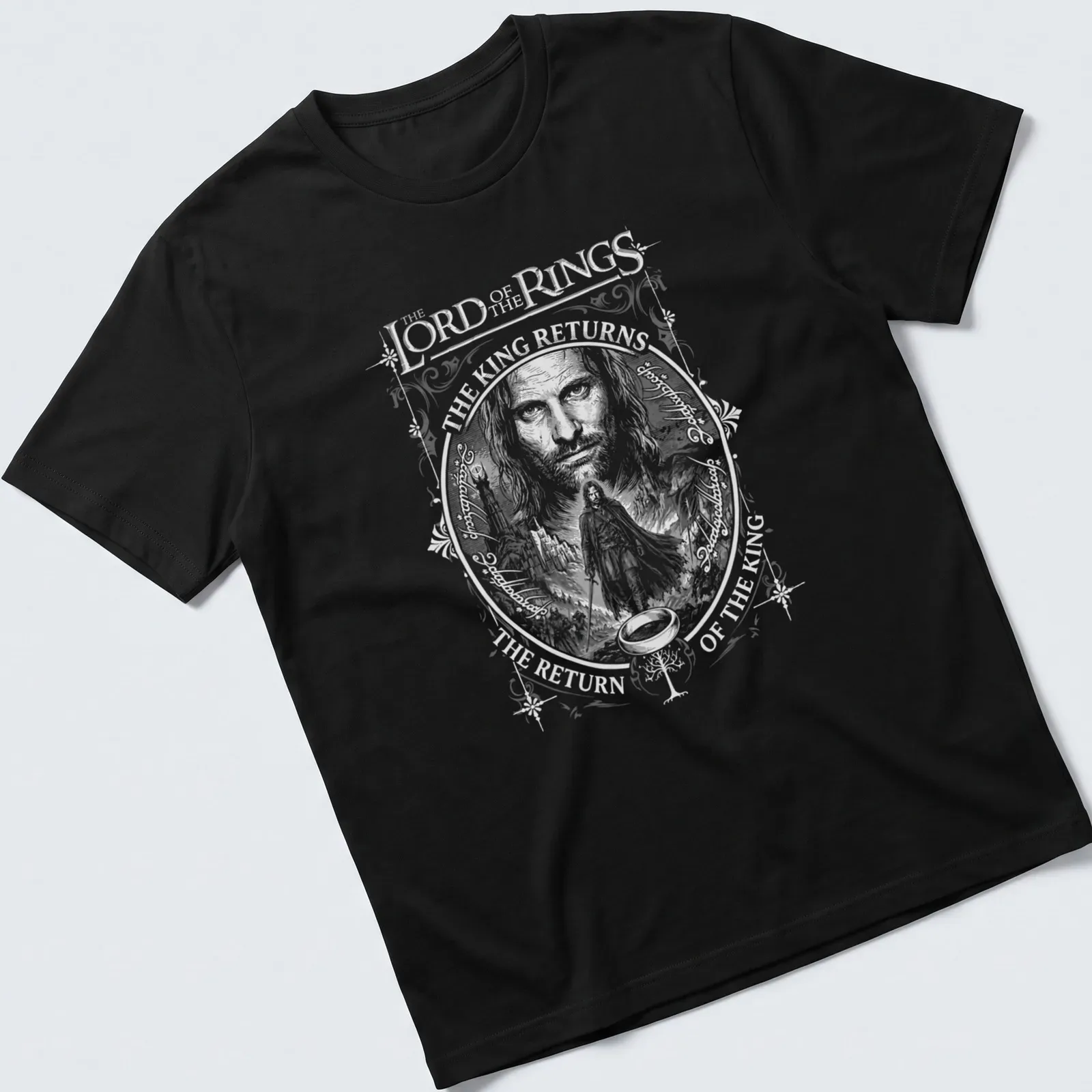Bold typography T-shirt featuring Aragorn with black and white graphic design — printed on a unisex t-shirt
