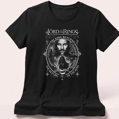 Bold typography T-shirt featuring Aragorn with black and white graphic design — printed on a women's shirt
