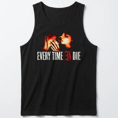 Artistic t-shirt featuring two abstract figures and bold text saying Every Time I Die — printed on a tank top