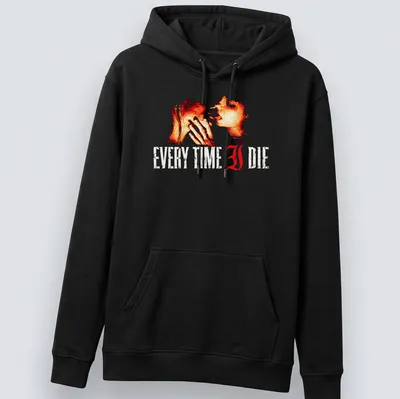 Artistic t-shirt featuring two abstract figures and bold text saying Every Time I Die — printed on a unisex hoodie