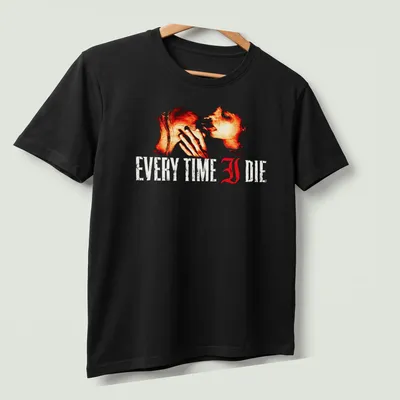 Artistic t-shirt featuring two abstract figures and bold text saying Every Time I Die — printed on a unisex t-shirt (angled view)