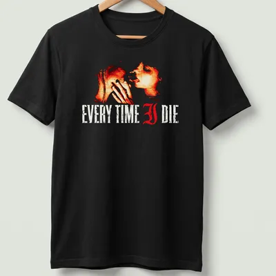 Artistic t-shirt featuring two abstract figures and bold text saying Every Time I Die — printed on a unisex t-shirt