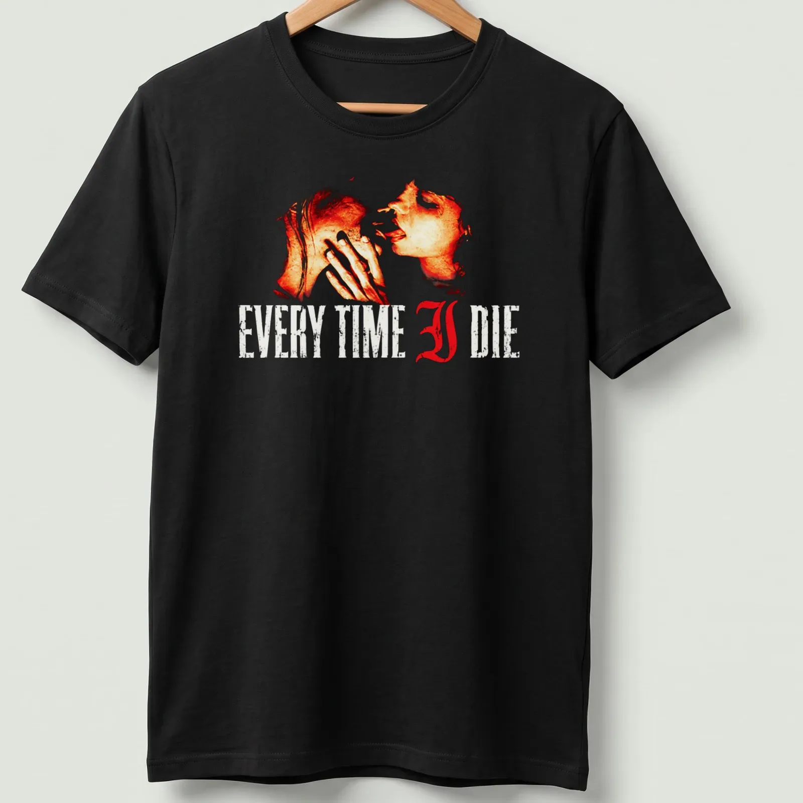 Artistic t-shirt featuring two abstract figures and bold text saying Every Time I Die — printed on a unisex t-shirt