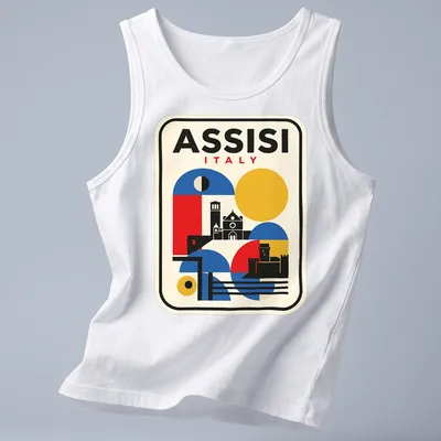 Bauhaus geometric representation of Assisi skyline with vibrant colors — printed on a tank top
