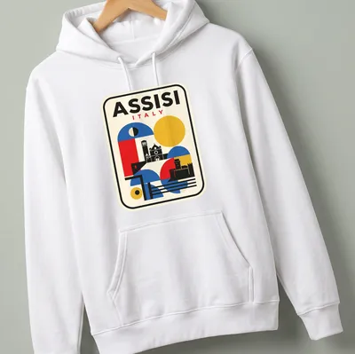 Bauhaus geometric representation of Assisi skyline with vibrant colors — printed on a unisex hoodie