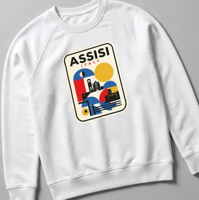 Bauhaus geometric representation of Assisi skyline with vibrant colors — printed on a unisex sweatshirt