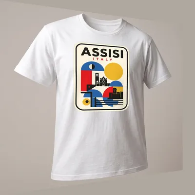 Bauhaus geometric representation of Assisi skyline with vibrant colors — printed on a unisex t-shirt (angled view)