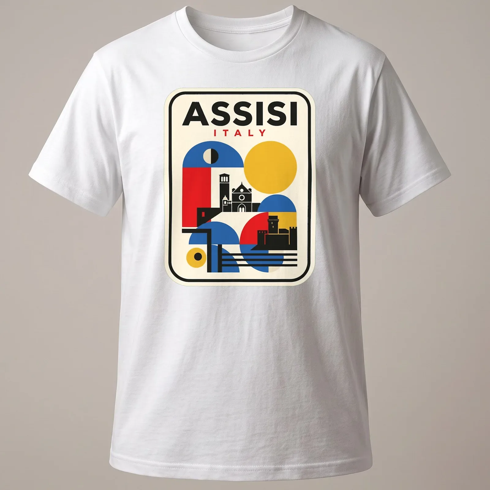 Bauhaus geometric representation of Assisi skyline with vibrant colors — printed on a unisex t-shirt