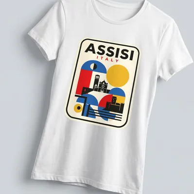 Bauhaus geometric representation of Assisi skyline with vibrant colors — printed on a women's shirt