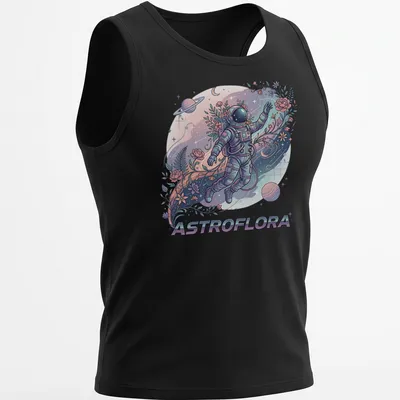 Illustration of an astronaut with flowers in cosmic space, titled 'ASTROFLORA'. — printed on a tank top